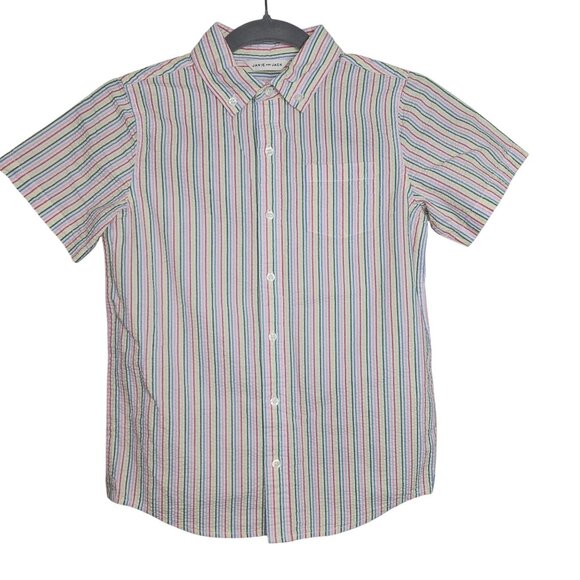 Janie and Jack boy 10 short sleeve cotton shirt button up rainbow stripe pocket - Picture 1 of 8